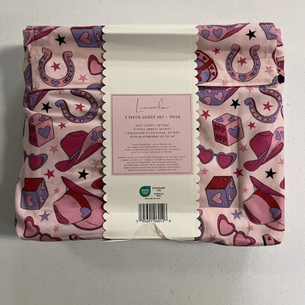 Lumina Lou Twin Sheet‎ Set Pink Hearts Cowboy Boots Hat All Over Print Valentine